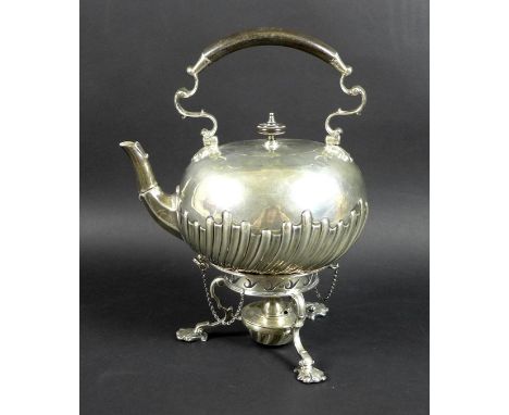 A Victorian silver spirit kettle on stand, the compressed globular body with wrythen lobed detailing to lower bowl, hinged si