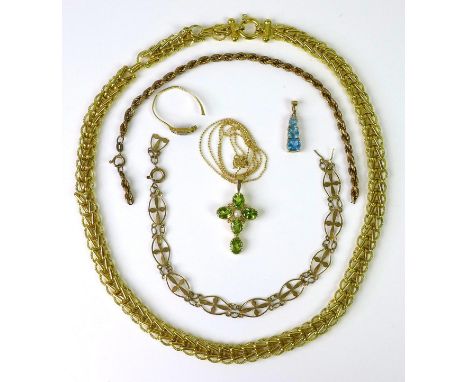 A collection of 9ct gold jewellery, comprising a peridot and pearl cross with chain, an aquamarine three stone pendant topped