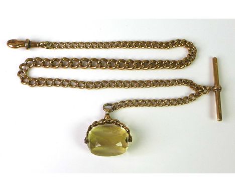 A 9ct gold graduated Albert fob chain, with 9ct gold T bar attached, spring clip and swivel fob, 42cm, fob 2cm, 38.6g total. 