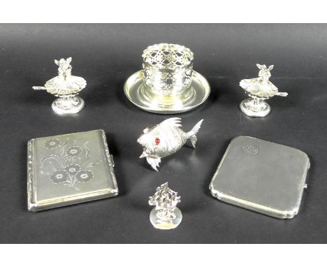 A collection of silver including a pair of miniature Continental silver salt cellars formed as musical cherubs seated upon sh