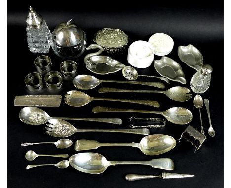 A group of silver and plated items, comprising a pair of George IV serving spoons, London 1836, Morris Cadman, a hobnail cut 