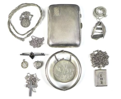 A small collection of silver and white metal jewellery, including a small George V silver cigarette case with engine turned d
