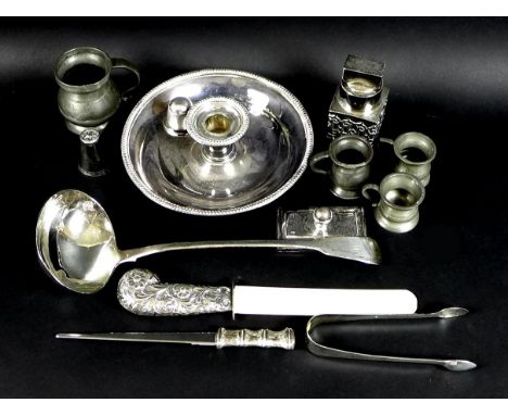 A collection of George III and later silver and silver plated items including a large fiddle pattern silver ladle, London 181