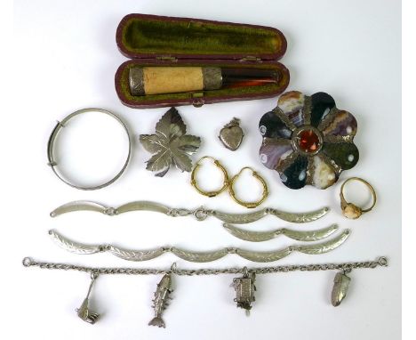 A group of jewellery and vertu, comprising a meerschaum, amber and silver mounted cheroot holder, Chester 1899, WH Carrington