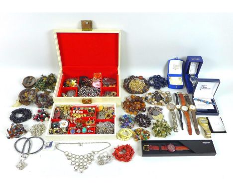 A quantity of costume jewellery, including bead necklaces, cultured pearl jewellery, and various earrings, necklaces, watches