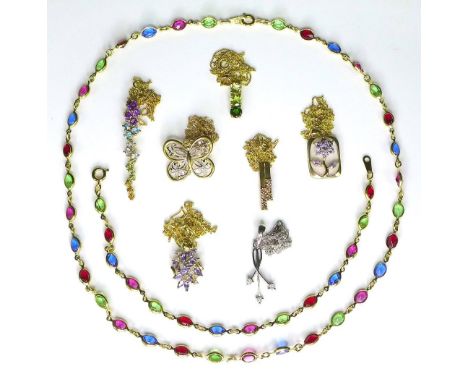 A group of gold necklaces, comprising an 18ct gold necklace set with multicoloured stones, 44.5cm long, with matching bracele