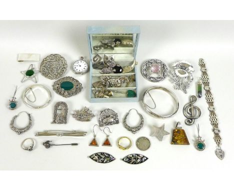 A group of silver and plated jewellery, including a silver christening bangle and larger bangle, rectangular pendant, a pair 