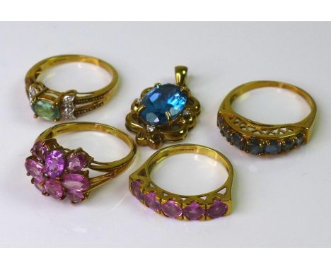 A group of 9ct gold dress rings, comprising a pink stone ring, size N, a further pink stone cluster ring, a green stone and d