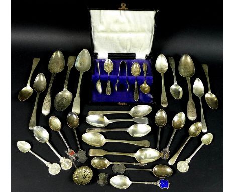 A group of silver spoons and teaspoons, including three George IV fiddle pattern dessert spoons, London 1821, Robert Rutland,