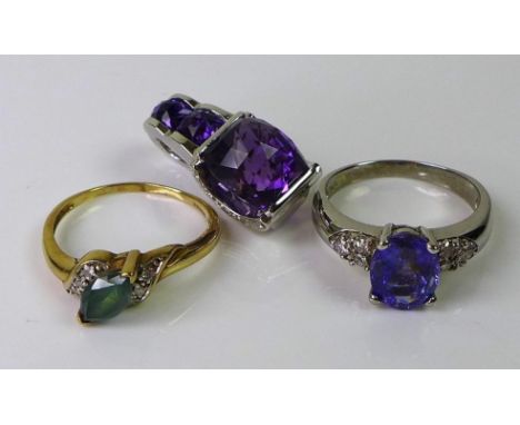 A 14K white gold, amethyst and diamond pendant, together with a 14K white gold, diamond and tanzanite ring, size R, total wei