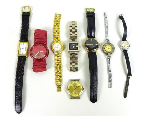 A group of eight watches, including a Raymond Weil rectangular faced watch with Roman numerals, a Gucci fashion watch, a lady