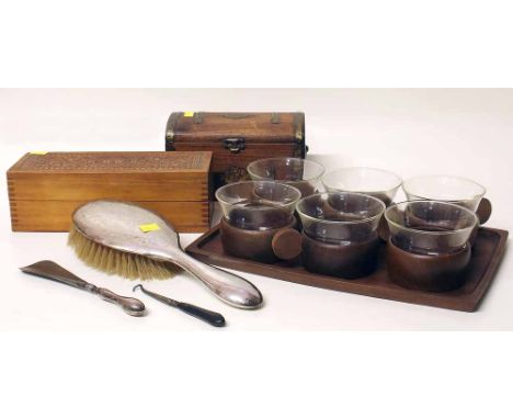 Schott and Gen Jena glass set, Wheelor and Wilson sewing machines box, tea caddy silver brush shoe horn Condition report: see