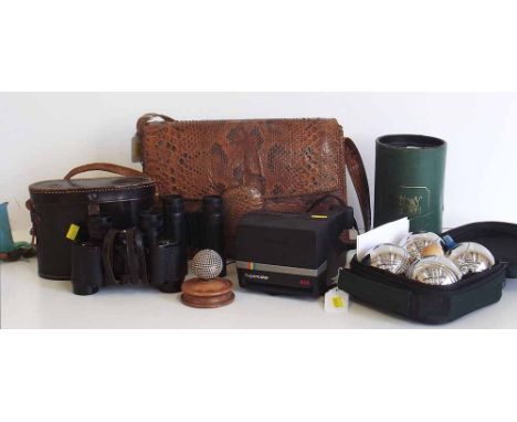 Cased set of boules, polaroid 635 camera, pair Denhill (8x25) binoculars in case, pair modern pocket binoculars and snakeskin