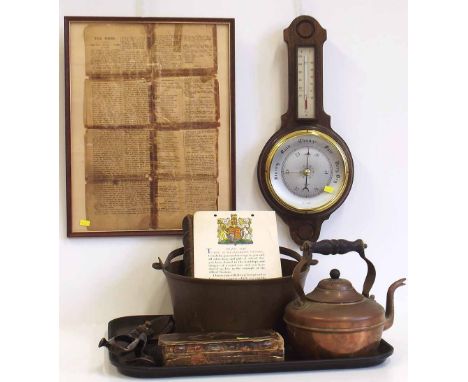 Framed Times Death of Nelson, History of Cheshire vol 1 1778, pair of tailors scissors, brass jam pan, kettle, barometer, bib