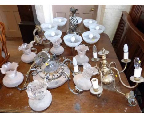 3 modern centre light fittings, brass cetre light and 2 wall lights Condition report: see terms and conditions