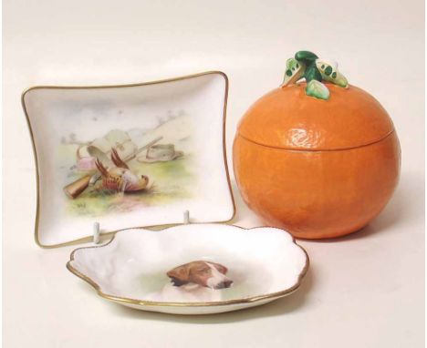 Minton pin dish signed Dean, another dish decorated with a pheasant shoot and an orange sucrier Condition report: see terms a