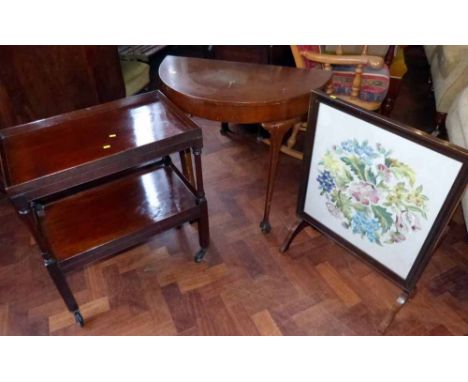 Mahogany trolley, demi-lune table and firescreen Condition report: see terms and conditions