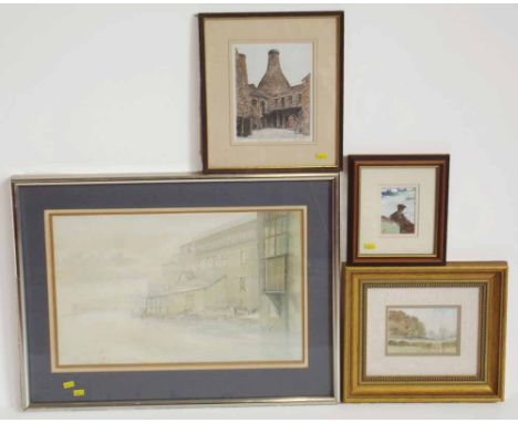 Unsigned water colour of Middleport pottery from the canal side, print of bottle kiln, watercolour of Rural Scene and small o
