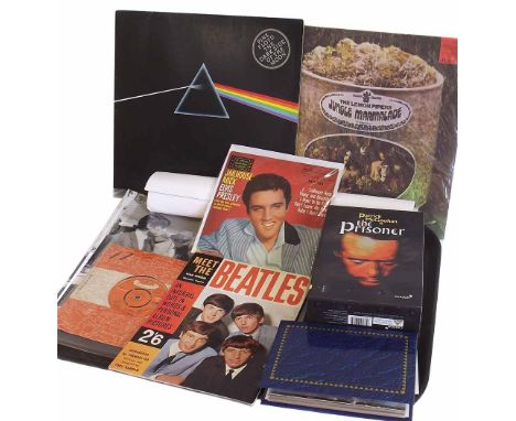 A collection of rock music memorabilia, to include vinyl records by The Beatles, Elvis Presley, Buzzy Linhart white label dem