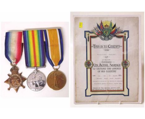 WW1 trio of medals for William Walsh of Mitchelstown of the Royal Irish Regiment with certificate reading "wounded at mons 19