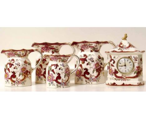 Four Masons ironstone mandalay red octagonal jugs and a clock. Condition report: see terms and conditions