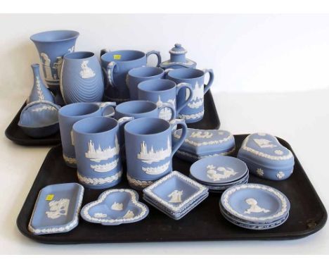 Collection of Wedgwood blue Jasper ware to include vases, jug, mugs, caddy, boxes, plates etc Condition report: see terms and