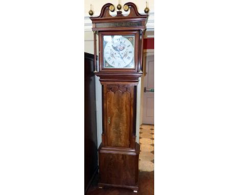 Mahogany longcased clock with painted dial, 2 weights, pendulum and key Condition report: see terms and conditions
