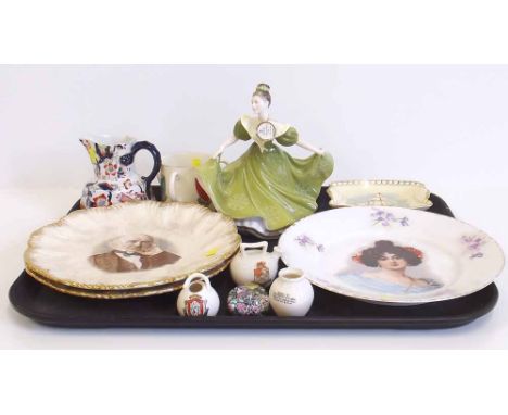 Collection of ceramics including an early glass paperweight, three pieces of Goss and one other, two Gladstone plates, Royal 