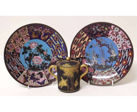 Pair of Japanese Cloissone dishes and a pottery black and gilt sucrier Condition report: see terms and conditions