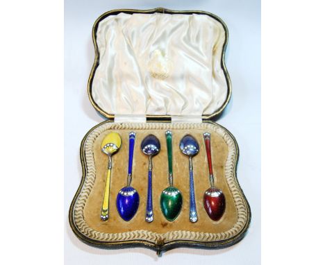 Set of six silver coffee spoons with polychrome enamel, Import Marks, 1913, cased, 'Norwegian Art Enamel'.   Condition Report