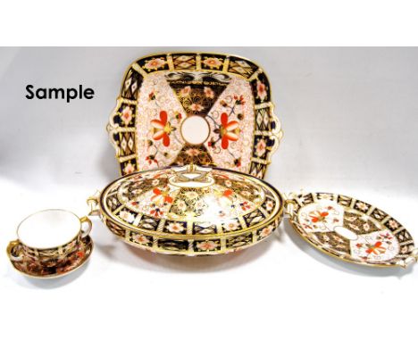 Royal Crown Derby part dinner service comprising a pair of oval tureens, 28cm long, a pair of bread plates, 27cm long, a pair