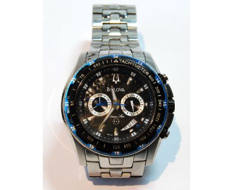 Gent's Bulova Marine Star quartz watch with blue and black anodised bezel, stainless steel, on bracelet, with box and leaflet