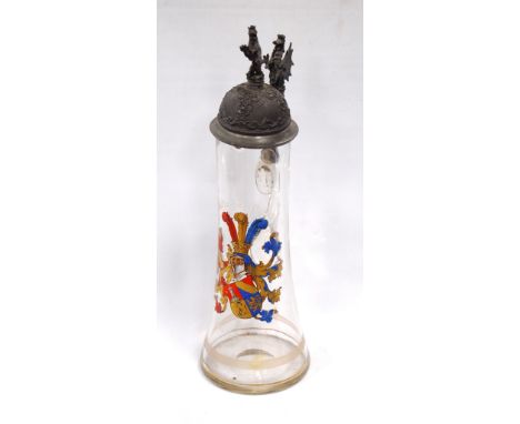 Large 19th century German glass fraternity stein of tapered form with polychrome and gilt enamel coat of arms, inscribed 'Pal