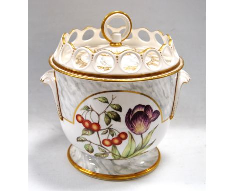 Modern Royal Worcester ice pail and cover decorated with flowers and fruit, initialled TC, 22cm high.