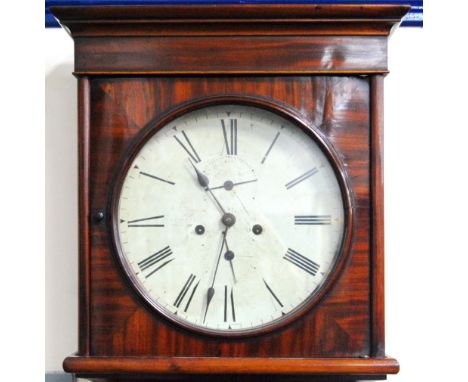 Victorian mahogany longcase clock with circular enamel 12½in dial and Roman numerals having date and seconds dials, indistinc