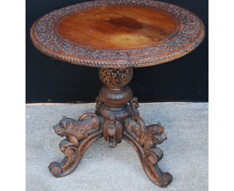 Ceylonese carved wood tripod table with lion carved cabriole legs, 60cm high and 61cm wide.