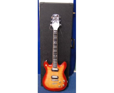 Cased Gordon Ross electric guitar with thistle and arrow mother of pearl inlaid fret board and foliate head, twin pick ups, 9