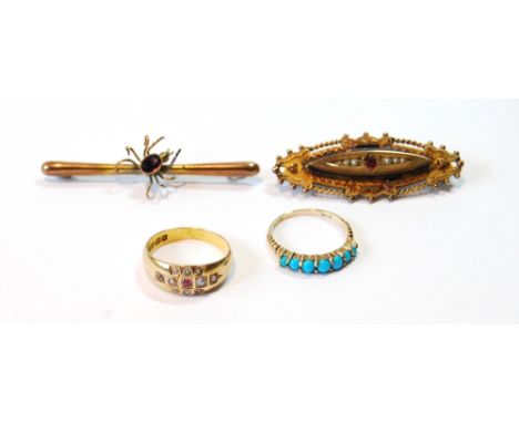 Ruby and pearl ring in 15ct gold, another, turquoise, 9ct, and two similar brooches.  (4)