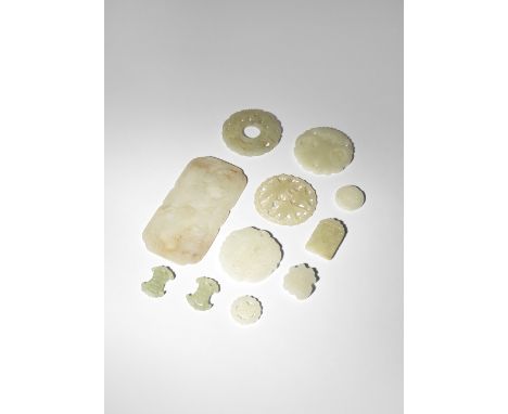 NINE CHINESE JADE PLAQUES QING DYNASTY/REPUBLIC PERIOD Variously carved and pierced with figures, characters, butterflies, ba