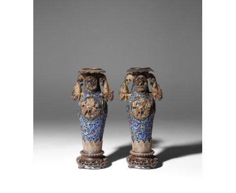 A PAIR OF CHINESE SILVER FILIGREE AND ENAMEL VASES 19TH CENTURY Decorated with circular panels containing phoenix in flight, 