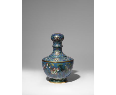 A CHINESE CLOISONNE ENAMEL GARLIC-MOUTH VASE QING DYNASTY OR LATER The globular body brightly enamelled with lotus in differe