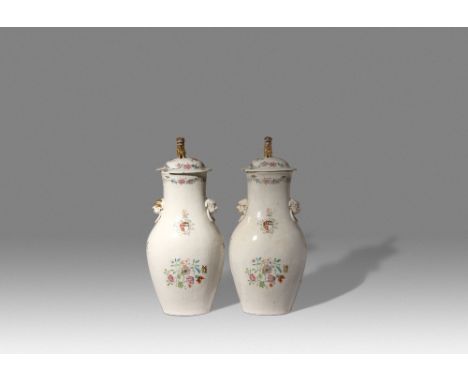 A PAIR OF LARGE CHINESE ARMORIAL BALUSTER VASES AND COVERS C.1765. Each with a slightly flattened body painted with the arms 