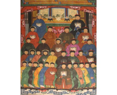 A CHINESE ANCESTOR PORTRAIT LATE QING DYNASTY Depicting different generations of Qing Court Officials before an altar, 173cm 