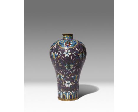A SMALL CHINESE CLOISONNE ENAMEL 'LOTUS' VASE, MEIPING QING DYNASTY Decorated with stylised flowerheads surrounded by scrolli