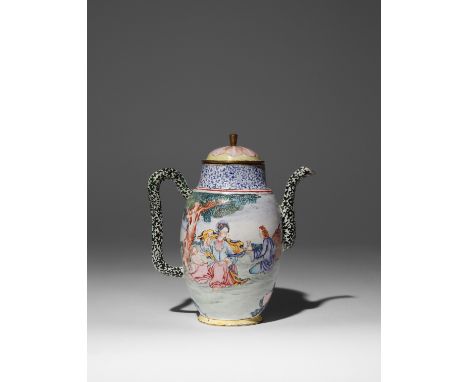 A CHINESE CANTON ENAMEL EUROPEAN SUBJECT EWER AND COVER QING DYNASTY Painted with a continuous scene depicting a couple drink