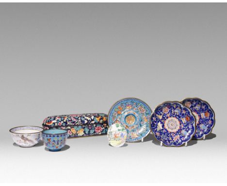 SEVEN CHINESE CANTON ENAMEL ITEMS 18TH AND 19TH CENTURY Comprising: a cup painted with stylised floral scrolls imitating cloi