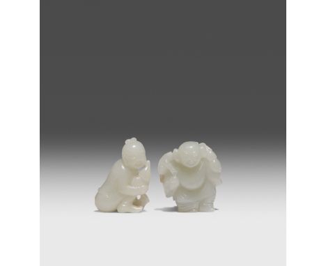 TWO CHINESE CELADON JADE CARVINGS OF LIU HAI AND A BOY QING DYNASTY OR LATER One formed as Liu Hai with a three-legged toad c