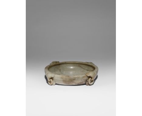 A LARGE CHINESE MOTTLED CELADON JADE BRUSH WASHER MING/EARLY QING DYNASTY Raised on four bracket feet, the shallow, rounded s