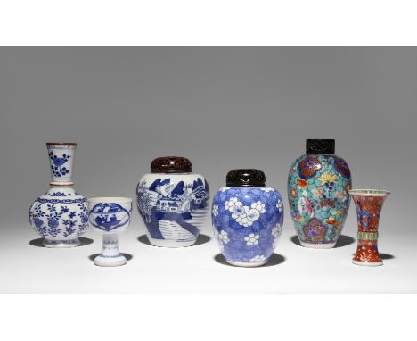 SIX CHINESE PORCELAIN ITEMS KANGXI AND LATER Comprising: three ovoid jars, a bottle vase, a miniature beaker vase, a stem cup