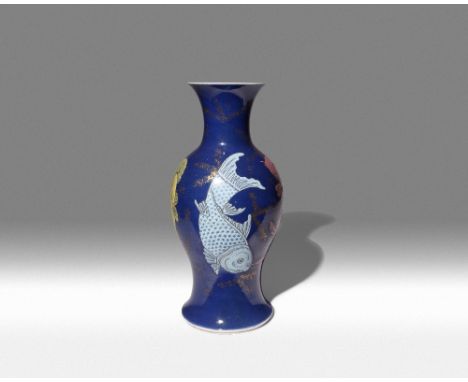 A CHINESE FAMILLE ROSE AND POWDER-BLUE GROUND 'CARPS' BALUSTER VASE 19TH CENTURY Painted in yellow, pink and light blue with 